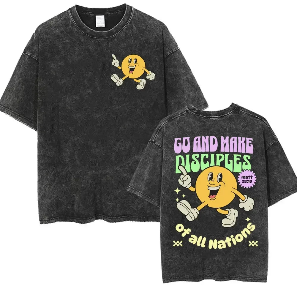 Christian Bible Verse T-shirt Go and Make Disciples Trendy Church Vintage Washed T-shirts Men Women's Aesthetic Cartoon T Shirts