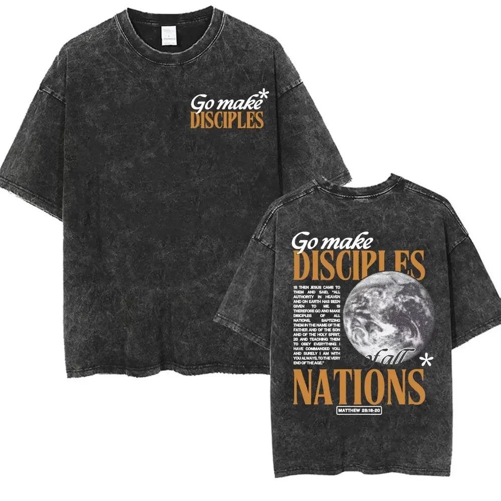 Christian Bible Verse T-shirt Go and Make Disciples Trendy Church Vintage Washed T-shirts Men Women's Aesthetic Cartoon T Shirts