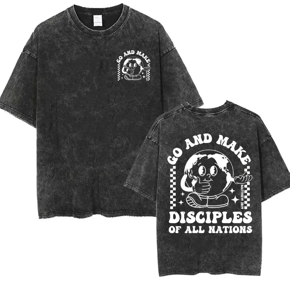 Christian Bible Verse T-shirt Go and Make Disciples Trendy Church Vintage Washed T-shirts Men Women's Aesthetic Cartoon T Shirts