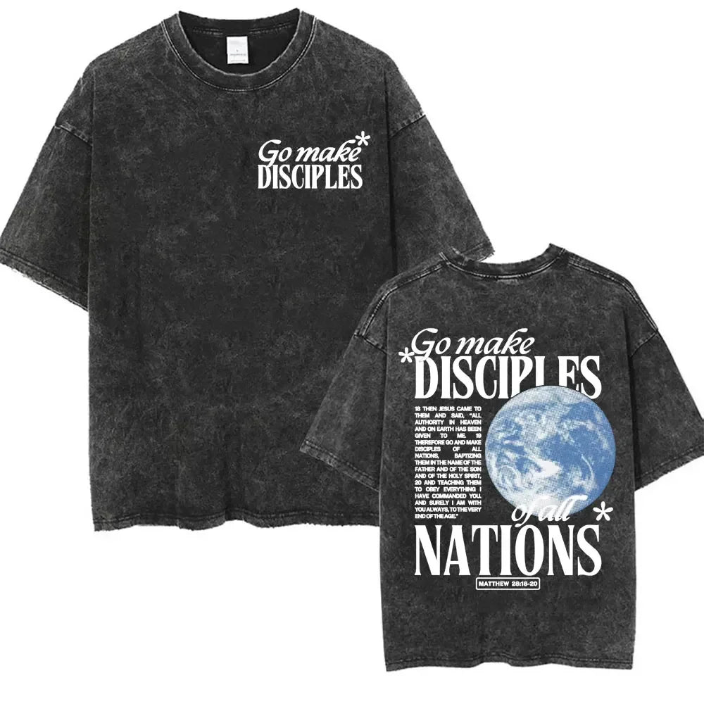 Christian Bible Verse T-shirt Go and Make Disciples Trendy Church Vintage Washed T-shirts Men Women's Aesthetic Cartoon T Shirts