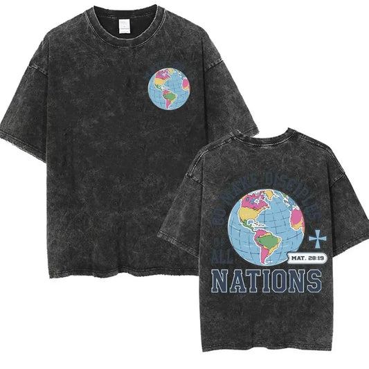 Christian Bible Verse T-shirt Go and Make Disciples Trendy Church Vintage Washed T-shirts Men Women's Aesthetic Cartoon T Shirts