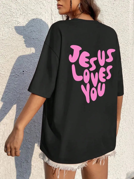 Jesus Loves Me Letter Prints Female Cotton T-Shirts Fashion O-Neck Oversize Tops Casual Loose Soft Short Sleeve Women Clothing