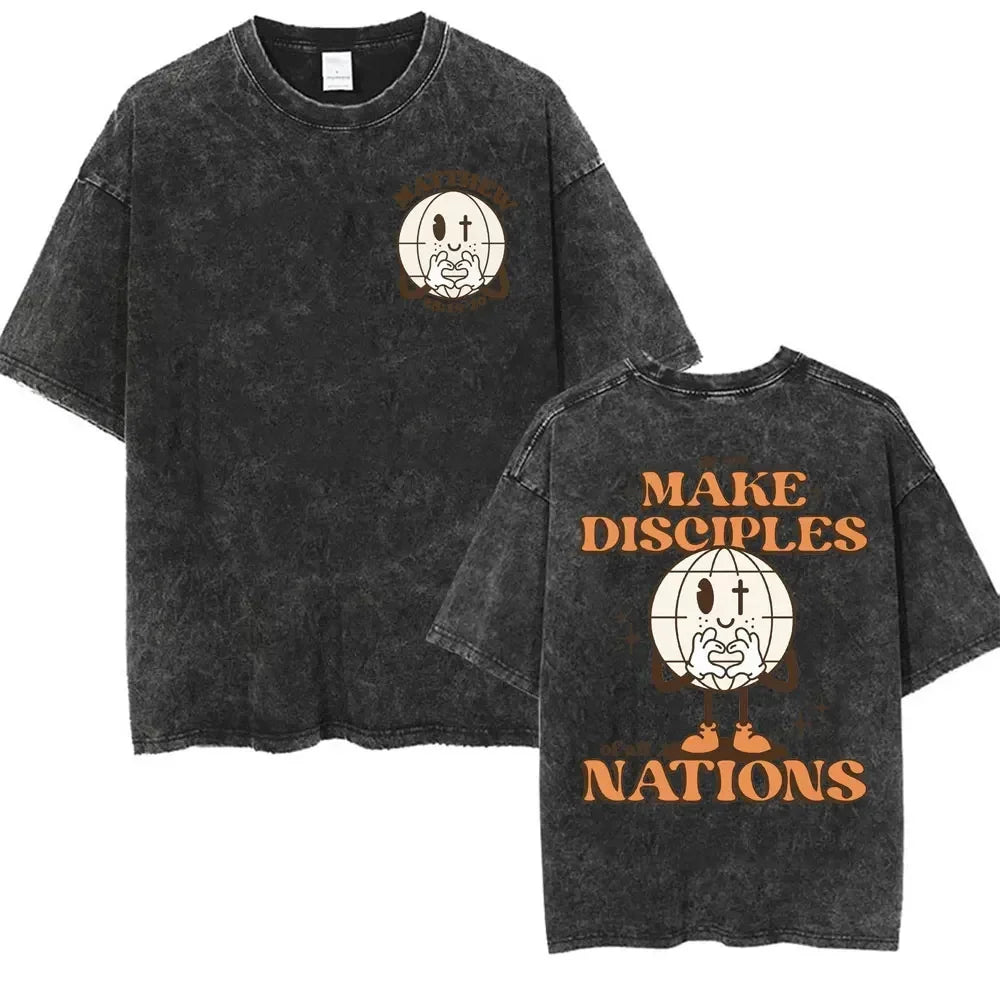 Christian Bible Verse T-shirt Go and Make Disciples Trendy Church Vintage Washed T-shirts Men Women's Aesthetic Cartoon T Shirts